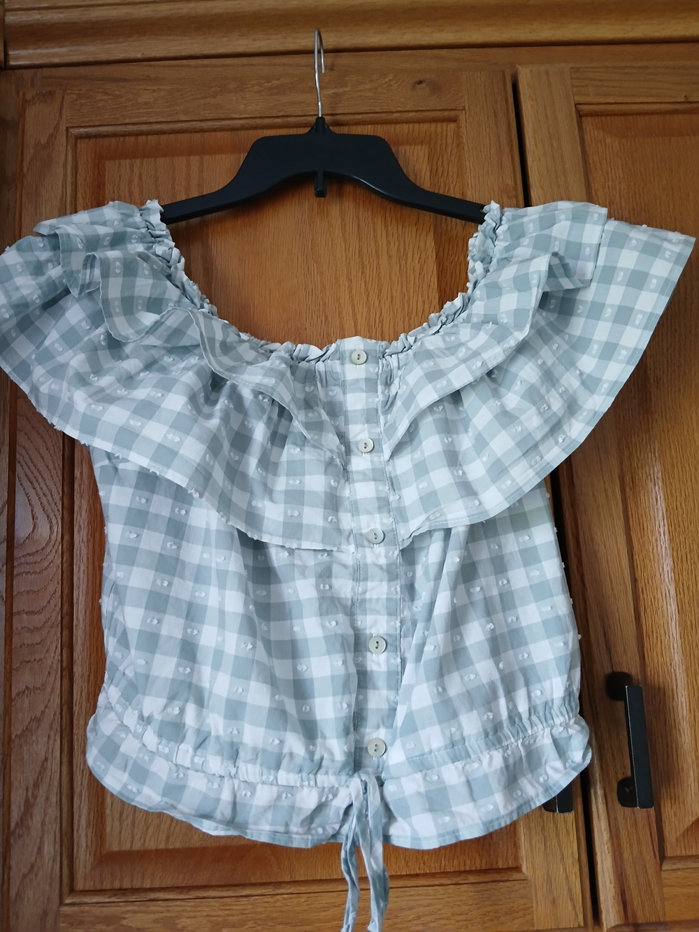 LC Lauren Conrad Light Blue and White Gingham Off-Shoulder Crop Top